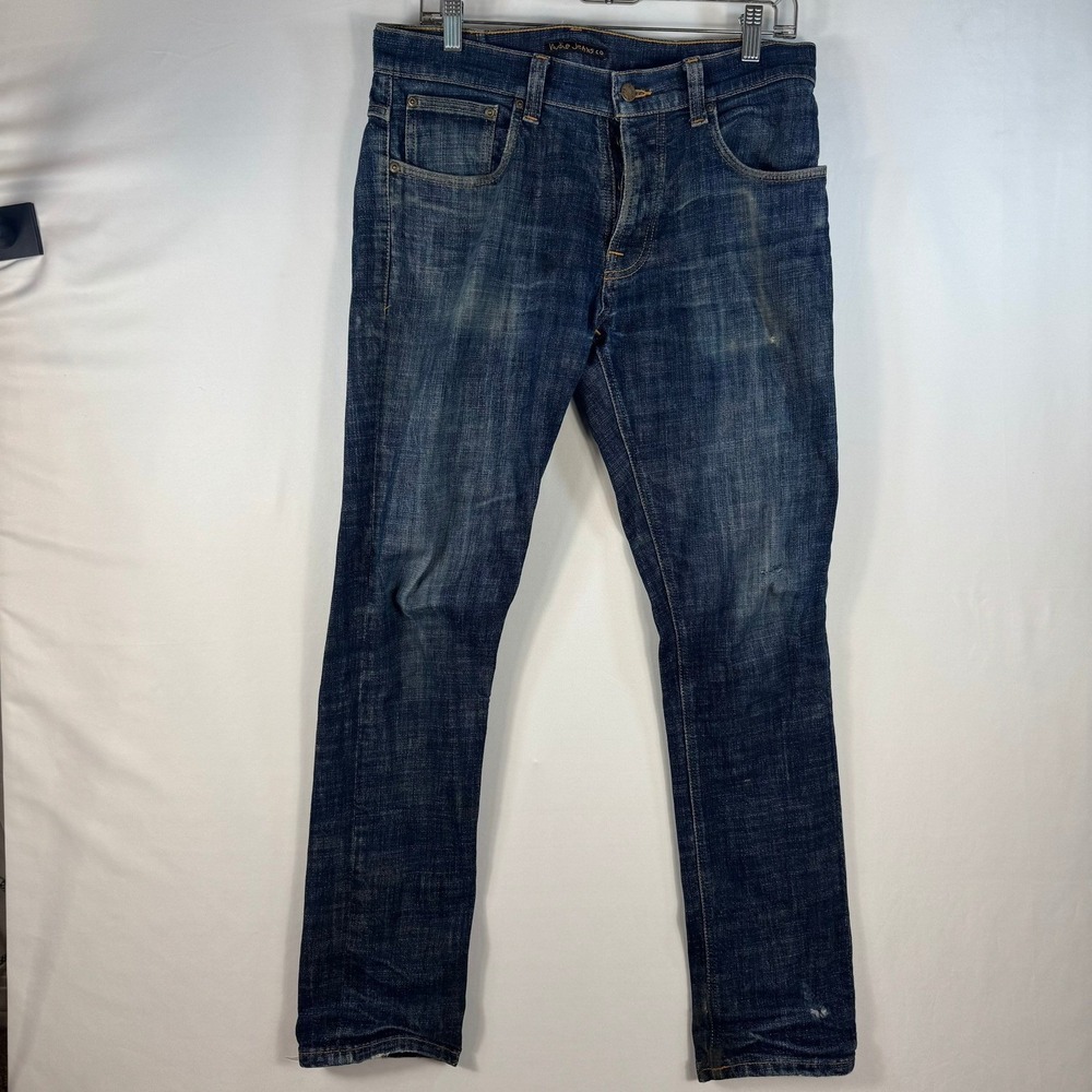 Nudie Jeans Co Mens Distressed Indigo Blue Straight Leg Denim Jeans W34 L32